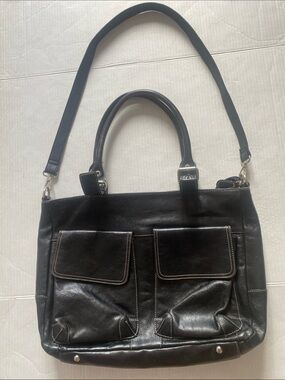 DANIER Black Real Leather Laptop Shlder//Tote Bag w Front Pockets & Side pocket